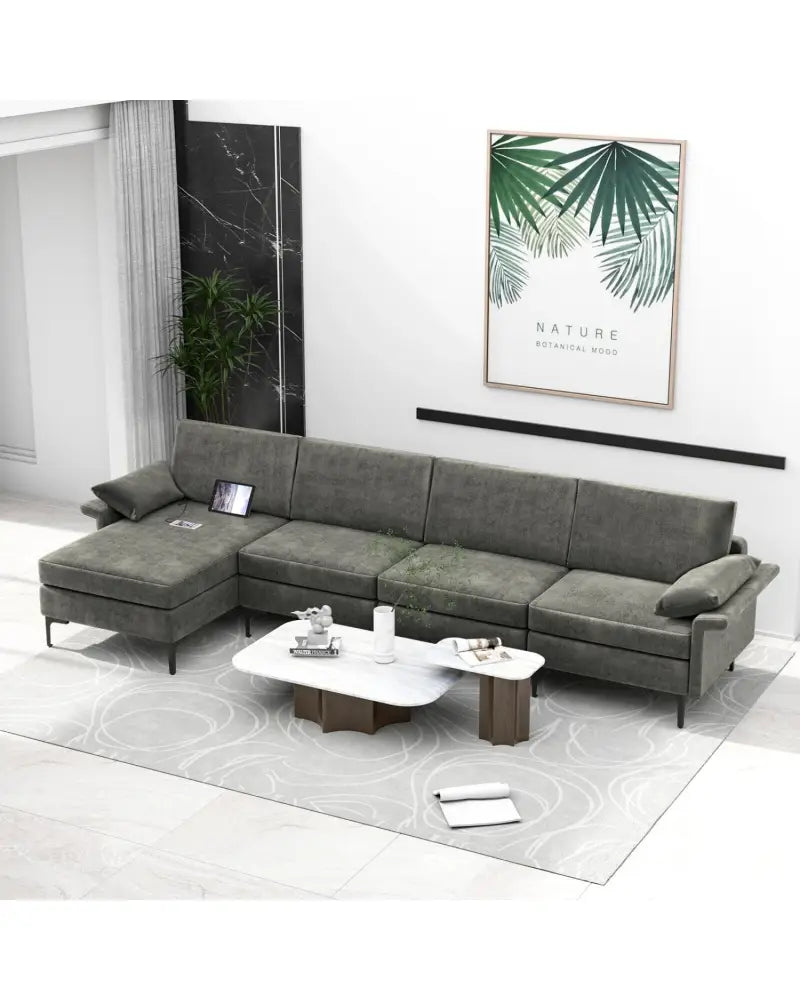 Extra Large L-shaped Sectional Sofa with Reversible Chaise and 2 USB Ports for 4-5 People-Gray - Gray - Sofas &