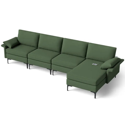 Extra Large L-shaped Sectional Sofa with Reversible Chaise and 2 USB Ports for 4-5 People-Army Green - Army Green