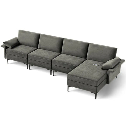 Extra Large L-shaped Sectional Sofa with Reversible Chaise and 2 USB Ports for 4-5 People-Gray - Gray - Sofas &