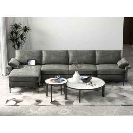 Extra Large L-shaped Sectional Sofa with Reversible Chaise and 2 USB Ports for 4-5 People-Gray - Gray - Sofas &