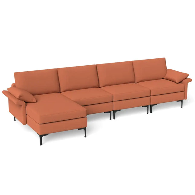 Extra Large L-shaped Sectional Sofa with Reversible Chaise and 2 USB Ports for 4-5 People-Rust Red - Red - Sofas &