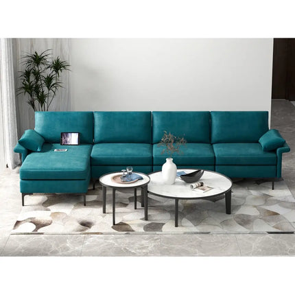 Extra Large L-shaped Sectional Sofa with Reversible Chaise and 2 USB Ports for 4-5 People-Peacock Blue - Turquoise