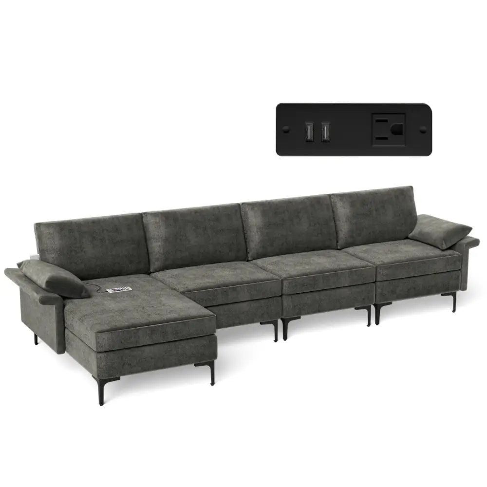 Extra Large L-shaped Sectional Sofa with Reversible Chaise and 2 USB Ports for 4-5 People-Gray - Gray - Sofas &