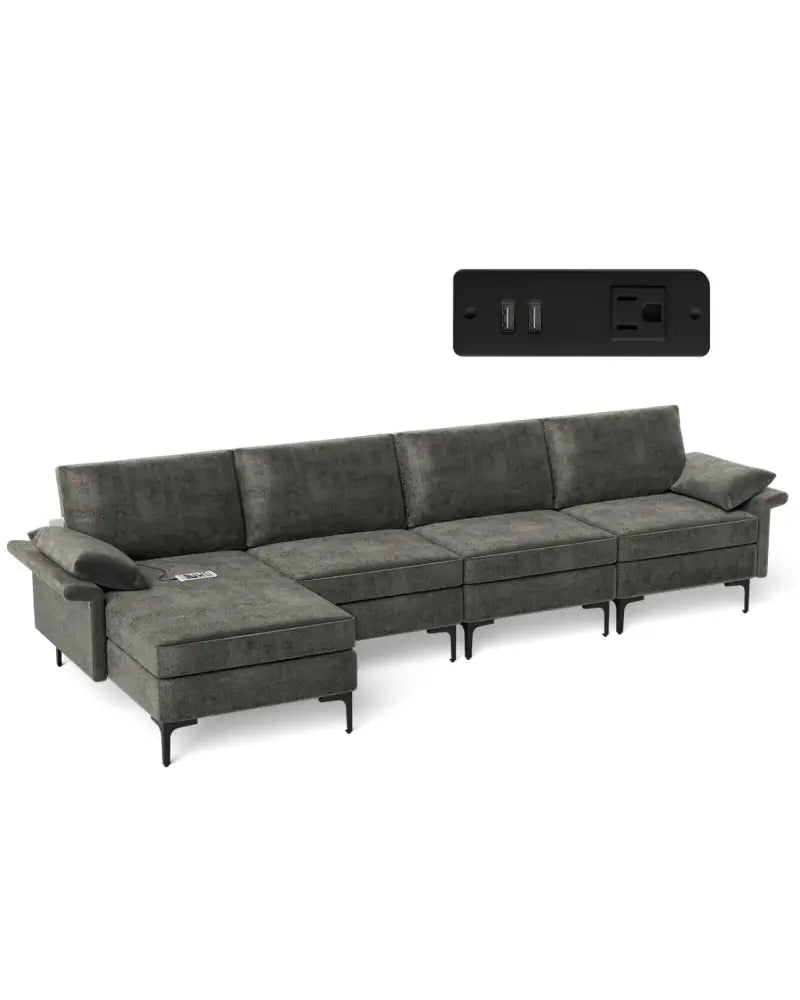 Extra Large L-shaped Sectional Sofa with Reversible Chaise and 2 USB Ports for 4-5 People-Gray - Gray - Sofas &