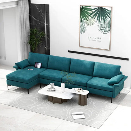Extra Large L-shaped Sectional Sofa with Reversible Chaise and 2 USB Ports for 4-5 People-Peacock Blue - Turquoise