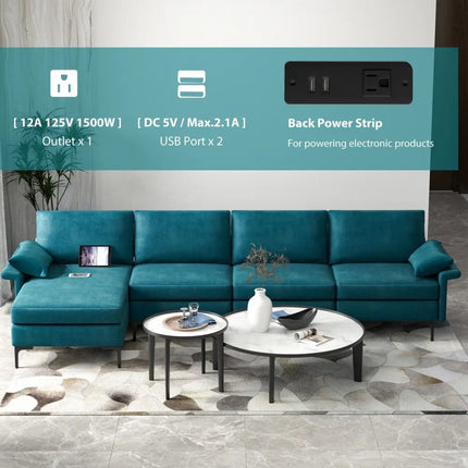 Extra Large L-shaped Sectional Sofa with Reversible Chaise and 2 USB Ports for 4-5 People-Peacock Blue - Turquoise