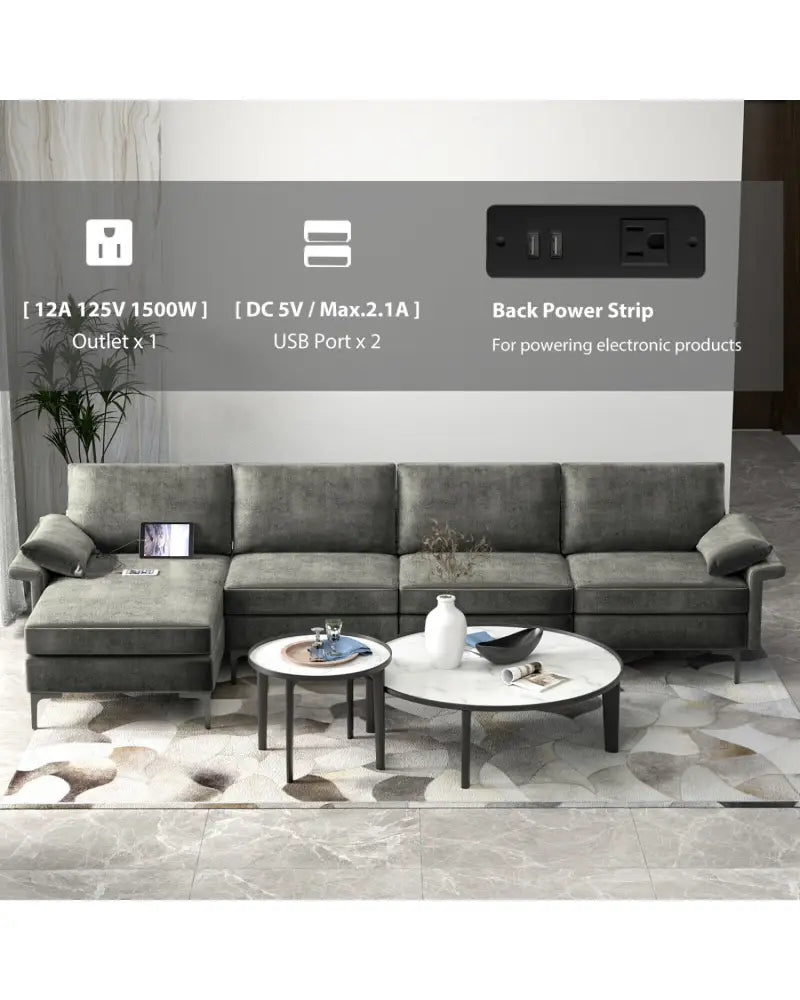 Extra Large L-shaped Sectional Sofa with Reversible Chaise and 2 USB Ports for 4-5 People-Gray - Gray - Sofas &