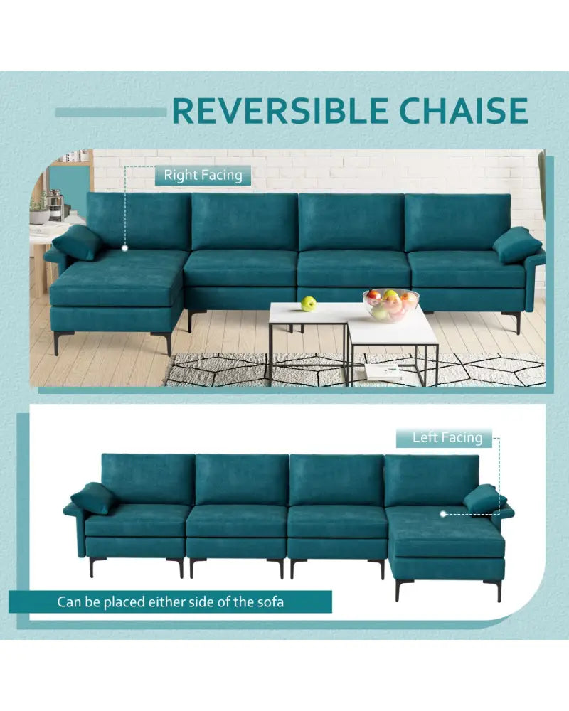 Extra Large L-shaped Sectional Sofa with Reversible Chaise and 2 USB Ports for 4-5 People-Peacock Blue - Turquoise
