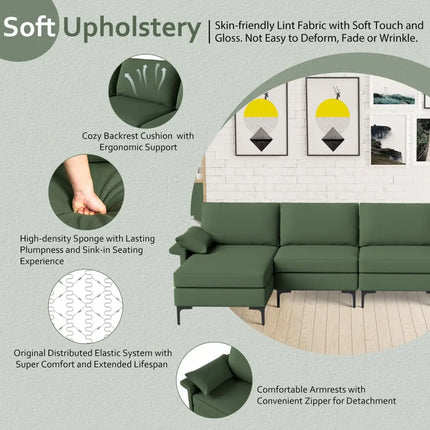 Extra Large L-shaped Sectional Sofa with Reversible Chaise and 2 USB Ports for 4-5 People-Army Green - Army Green