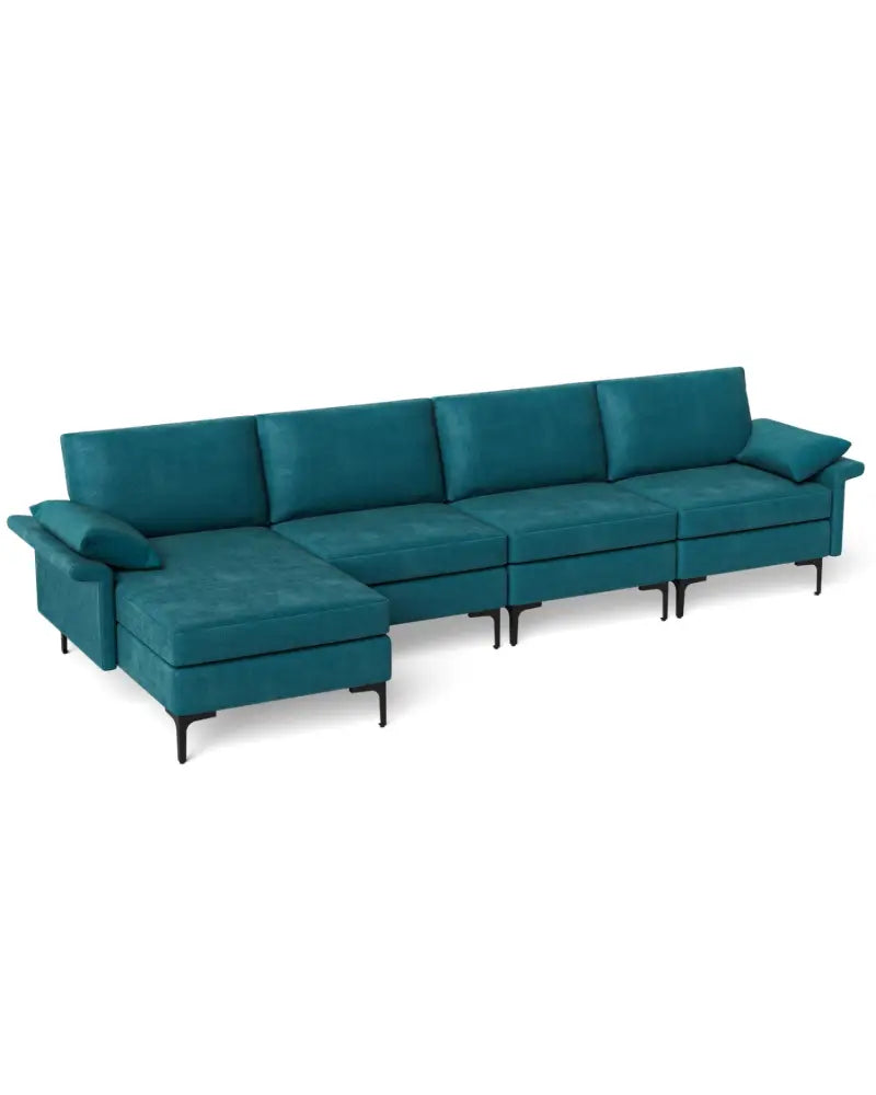 Extra Large L-shaped Sectional Sofa with Reversible Chaise and 2 USB Ports for 4-5 People-Peacock Blue - Turquoise