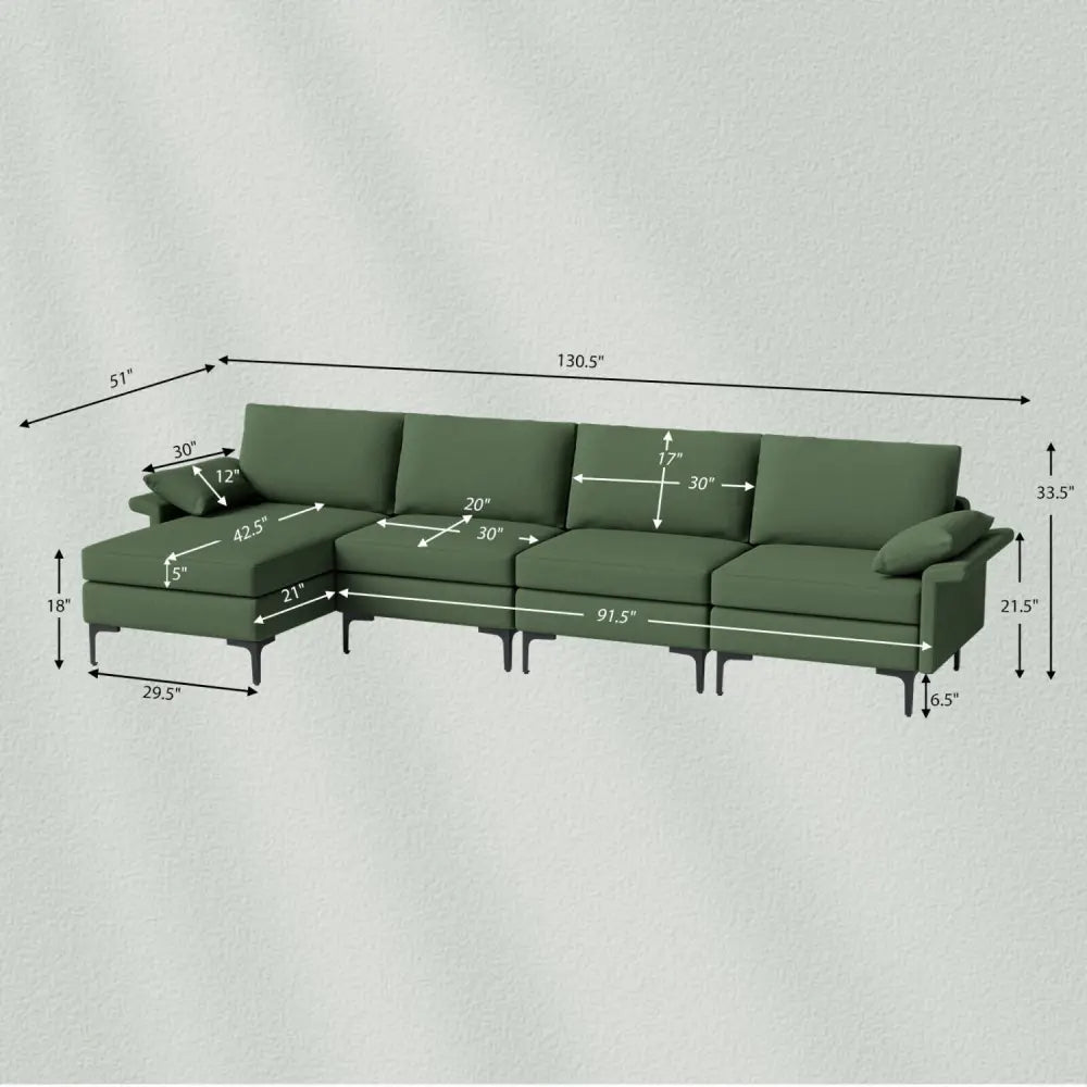 Extra Large L-shaped Sectional Sofa with Reversible Chaise and 2 USB Ports for 4-5 People-Army Green - Army Green