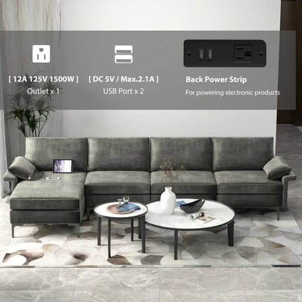 Extra Large L-shaped Sectional Sofa with Reversible Chaise and 2 USB Ports for 4-5 People-Gray - Gray - Sofas &