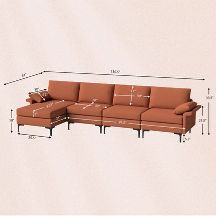 Extra Large L-shaped Sectional Sofa with Reversible Chaise and 2 USB Ports for 4-5 People-Rust Red - Red - Sofas &