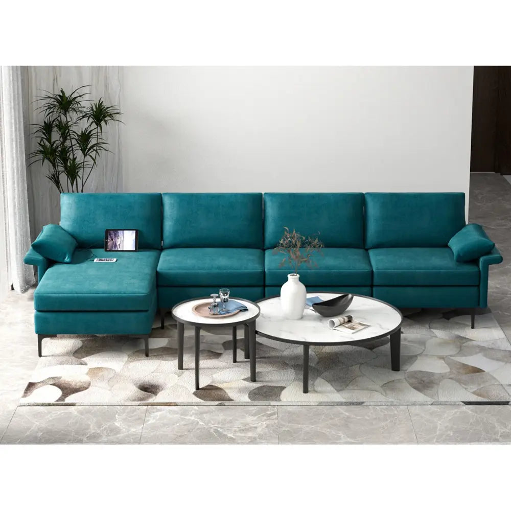 Extra Large L-shaped Sectional Sofa with Reversible Chaise and 2 USB Ports for 4-5 People-Peacock Blue - Turquoise