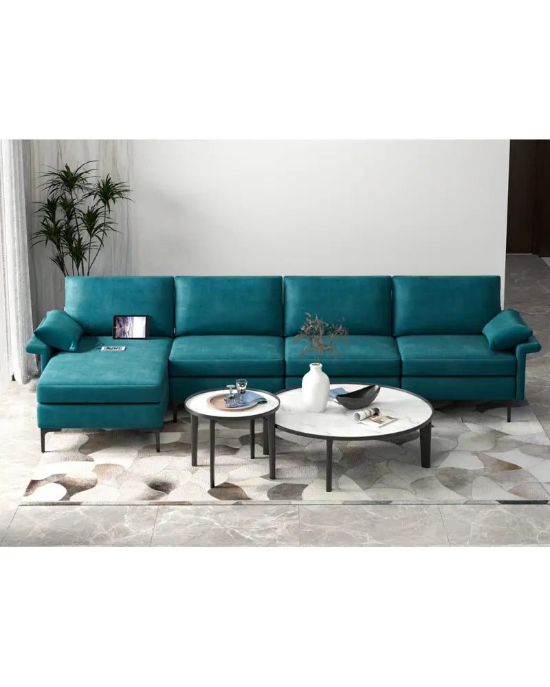 Extra Large L-shaped Sectional Sofa with Reversible Chaise and 2 USB Ports for 4-5 People-Peacock Blue - Turquoise
