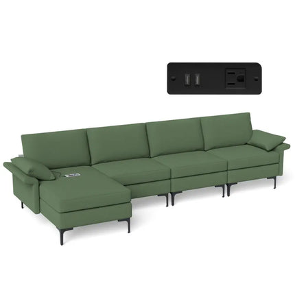 Extra Large L-shaped Sectional Sofa with Reversible Chaise and 2 USB Ports for 4-5 People-Army Green - Army Green