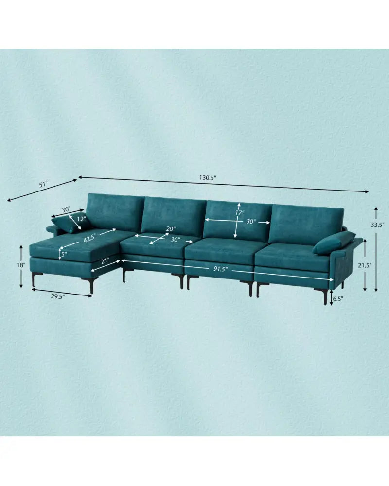 Extra Large L-shaped Sectional Sofa with Reversible Chaise and 2 USB Ports for 4-5 People-Peacock Blue - Turquoise