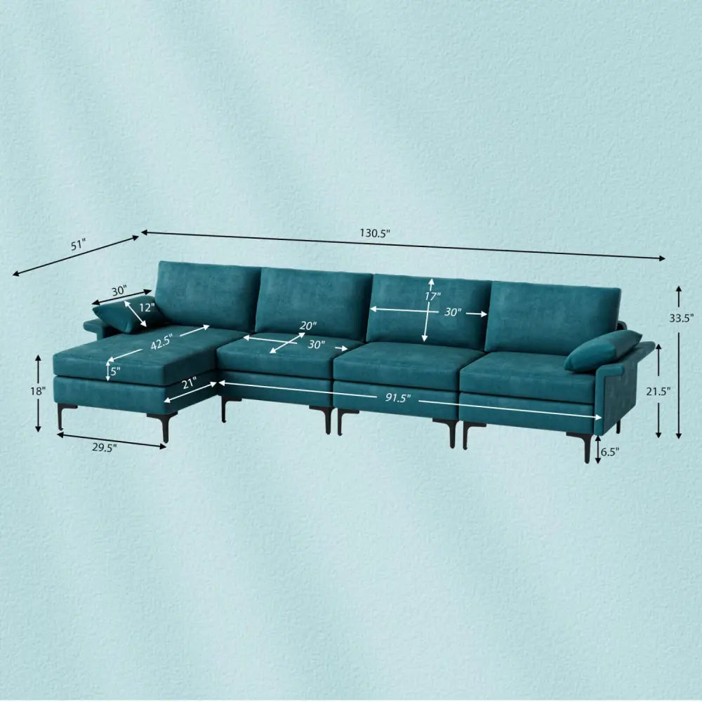 Extra Large L-shaped Sectional Sofa with Reversible Chaise and 2 USB Ports for 4-5 People-Peacock Blue - Turquoise