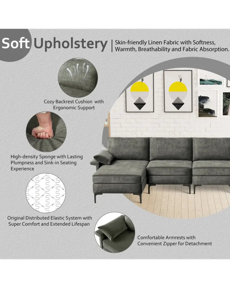 Extra Large L-shaped Sectional Sofa with Reversible Chaise and 2 USB Ports for 4-5 People-Gray - Gray - Sofas &