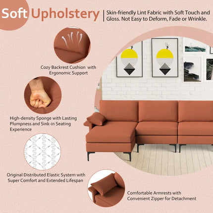 Extra Large L-shaped Sectional Sofa with Reversible Chaise and 2 USB Ports for 4-5 People-Rust Red - Red - Sofas &