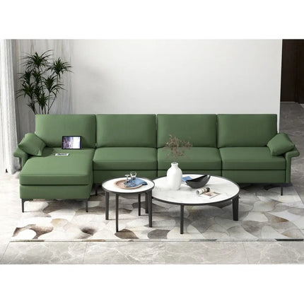 Extra Large L-shaped Sectional Sofa with Reversible Chaise and 2 USB Ports for 4-5 People-Army Green - Army Green