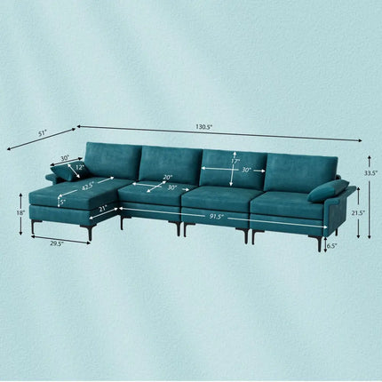 Extra Large L-shaped Sectional Sofa with Reversible Chaise and 2 USB Ports for 4-5 People-Peacock Blue - Turquoise