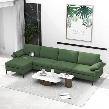 Extra Large L-shaped Sectional Sofa with Reversible Chaise and 2 USB Ports for 4-5 People-Army Green - Army Green