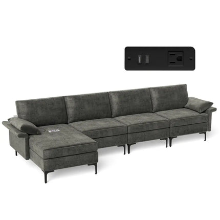 Extra Large L-shaped Sectional Sofa with Reversible Chaise and 2 USB Ports for 4-5 People-Gray - Gray - Sofas &