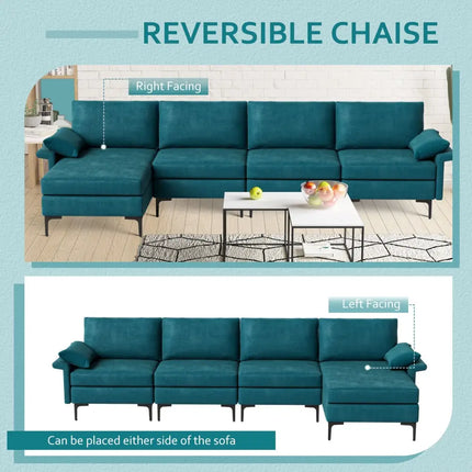 Extra Large L-shaped Sectional Sofa with Reversible Chaise and 2 USB Ports for 4-5 People-Peacock Blue - Turquoise