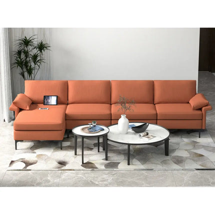 Extra Large L-shaped Sectional Sofa with Reversible Chaise and 2 USB Ports for 4-5 People-Rust Red - Red - Sofas &