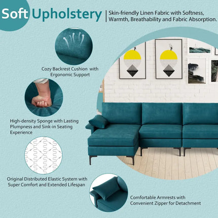 Extra Large L-shaped Sectional Sofa with Reversible Chaise and 2 USB Ports for 4-5 People-Peacock Blue - Turquoise