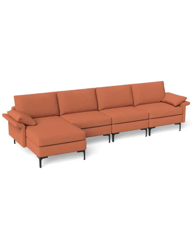 Extra Large L-shaped Sectional Sofa with Reversible Chaise and 2 USB Ports for 4-5 People-Rust Red - Red - Sofas &