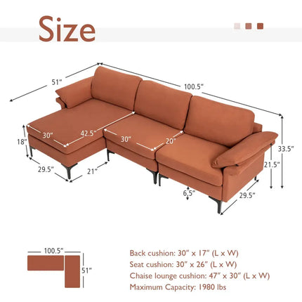 Extra Large Modular L-shaped Sectional Sofa with Reversible Chaise for 4-5 People-Rust Red - Red - Sofas & Loveseats