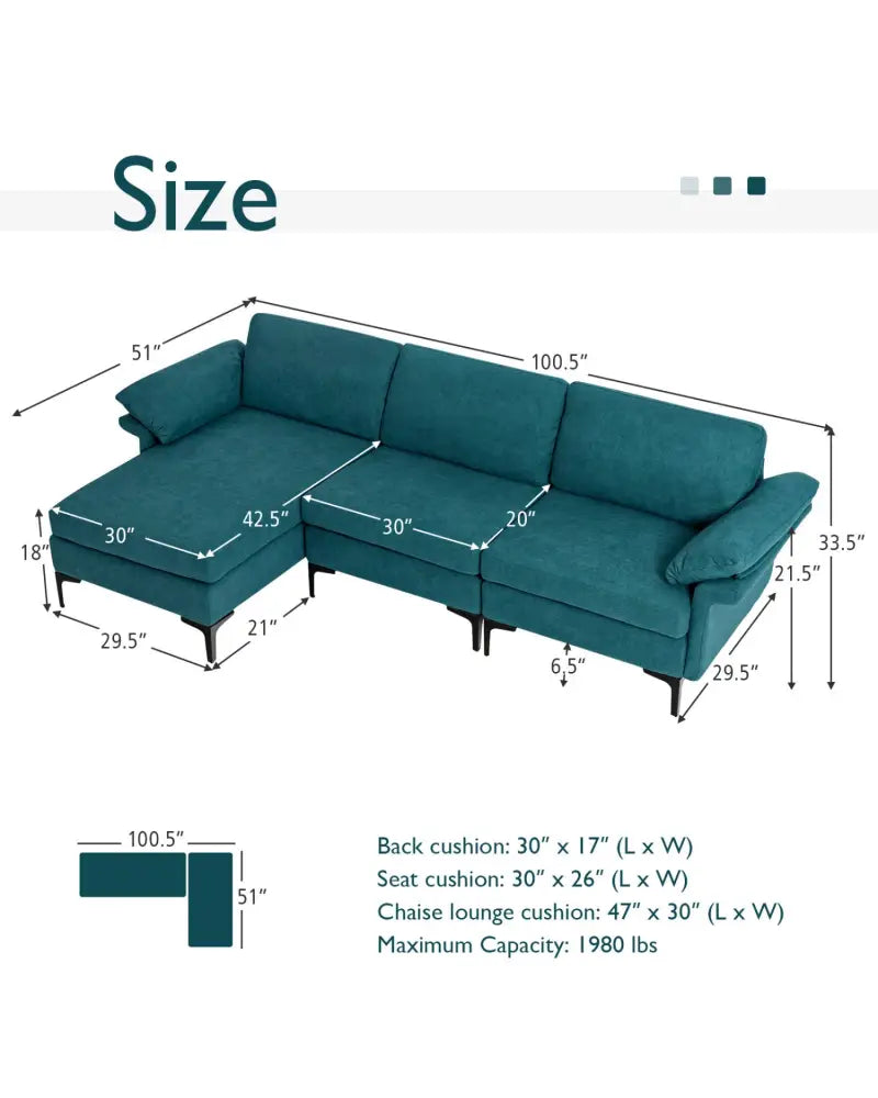 Extra Large Modular L-shaped Sectional Sofa with Reversible Chaise for 4-5 People-Peacock Blue - Peacock Blue - Sofas &
