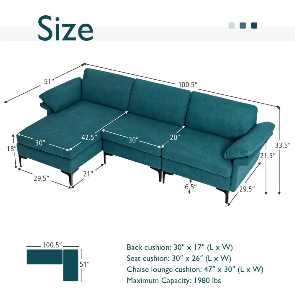 Extra Large Modular L-shaped Sectional Sofa with Reversible Chaise for 4-5 People-Peacock Blue - Peacock Blue - Sofas &