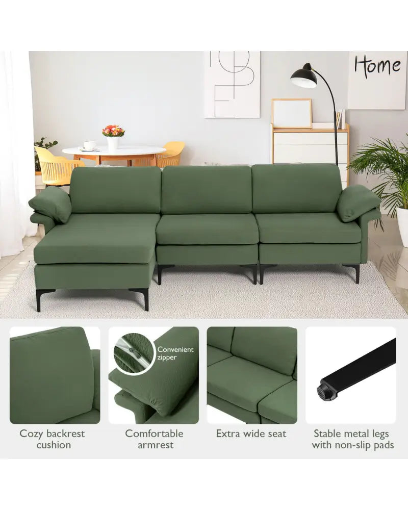 Extra Large Modular L-shaped Sectional Sofa with Reversible Chaise for 4-5 People-Army Green - Army Green - Sofas &