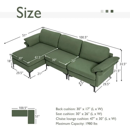 Extra Large Modular L-shaped Sectional Sofa with Reversible Chaise for 4-5 People-Army Green - Army Green - Sofas &
