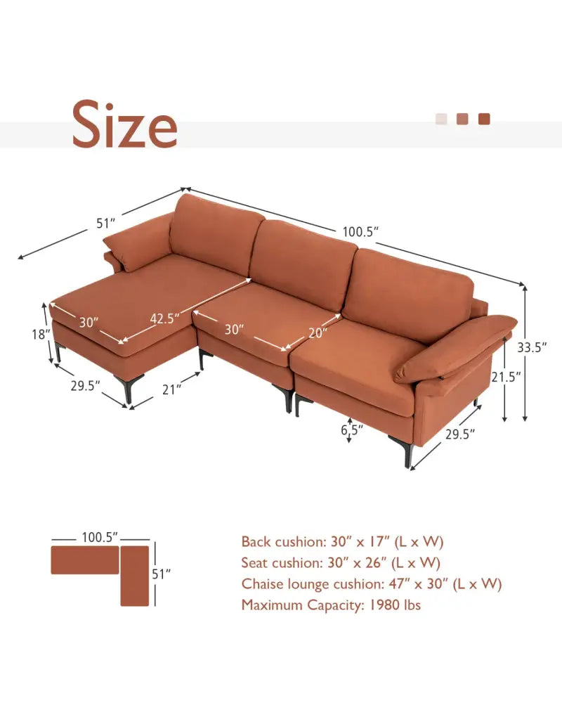 Extra Large Modular L-shaped Sectional Sofa with Reversible Chaise for 4-5 People-Rust Red - Red - Sofas & Loveseats