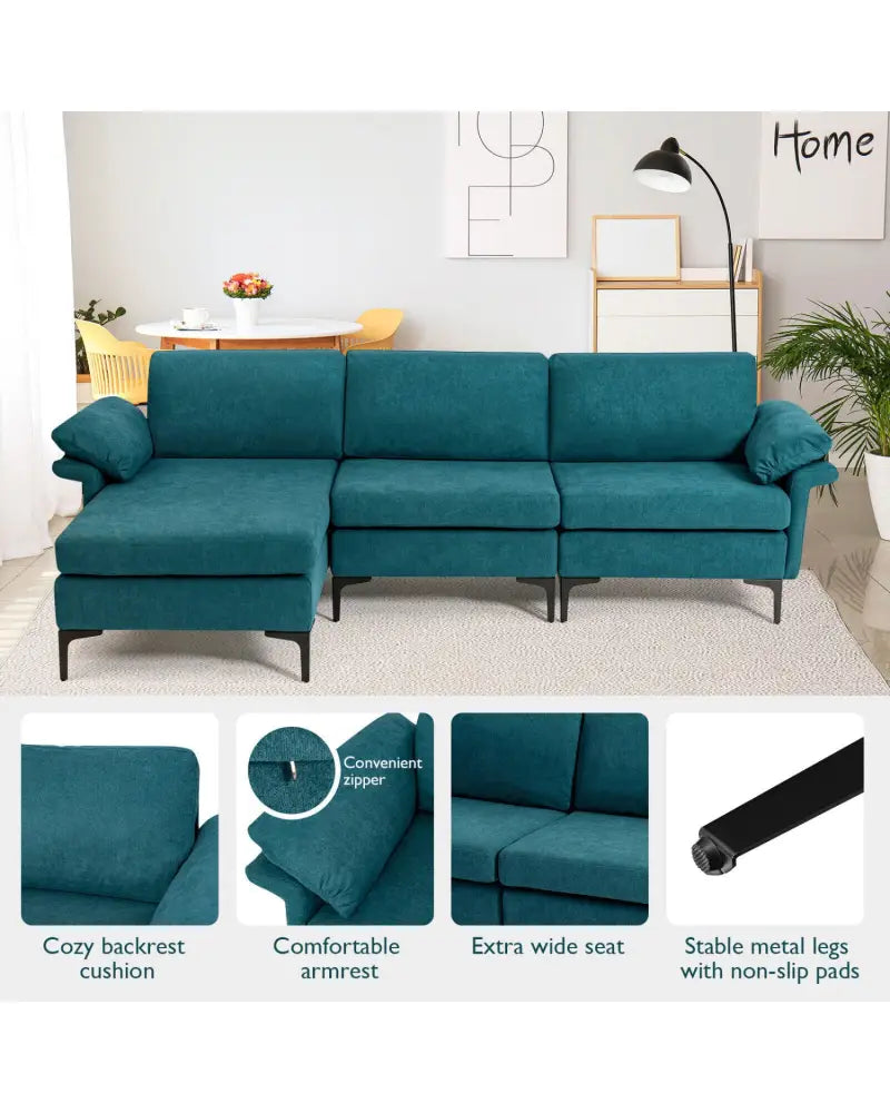 Extra Large Modular L-shaped Sectional Sofa with Reversible Chaise for 4-5 People-Peacock Blue - Peacock Blue - Sofas &