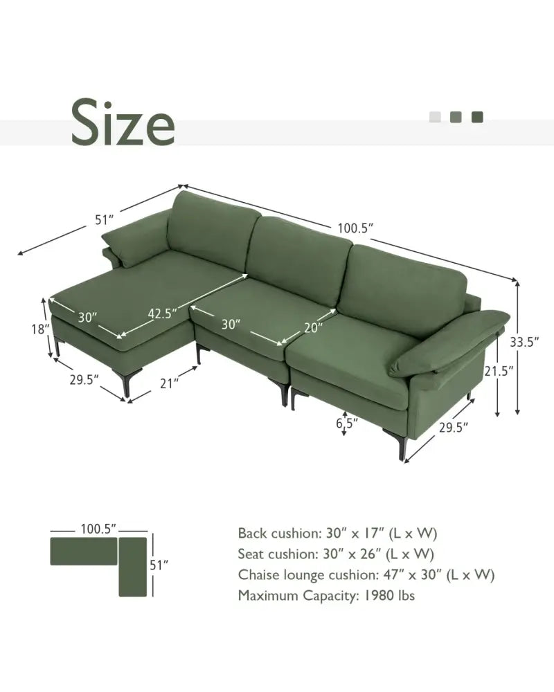 Extra Large Modular L-shaped Sectional Sofa with Reversible Chaise for 4-5 People-Army Green - Army Green - Sofas &