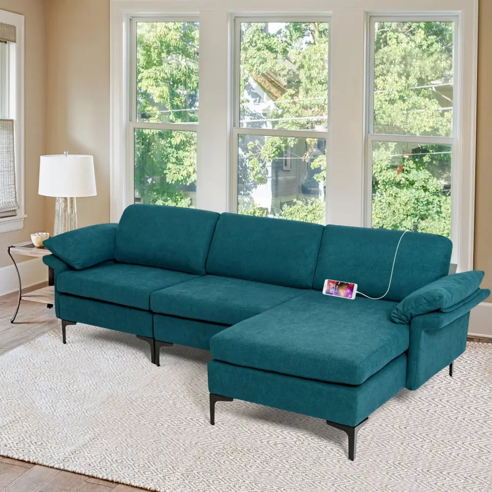 Extra Large Modular L-shaped Sectional Sofa with Reversible Chaise for 4-5 People-Peacock Blue - Peacock Blue - Sofas &