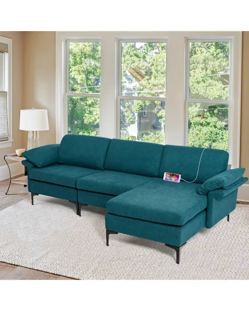 Extra Large Modular L-shaped Sectional Sofa with Reversible Chaise for 4-5 People-Peacock Blue - Peacock Blue - Sofas &