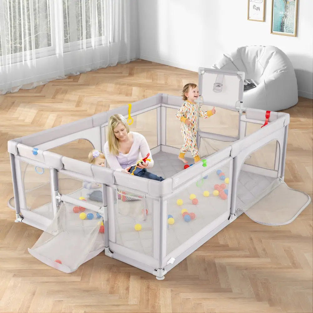 Extra Large Playpen with Basketball Hoop for Babies and Toddlers-Light Gray - Light Gray - Baby Playpen & Playards
