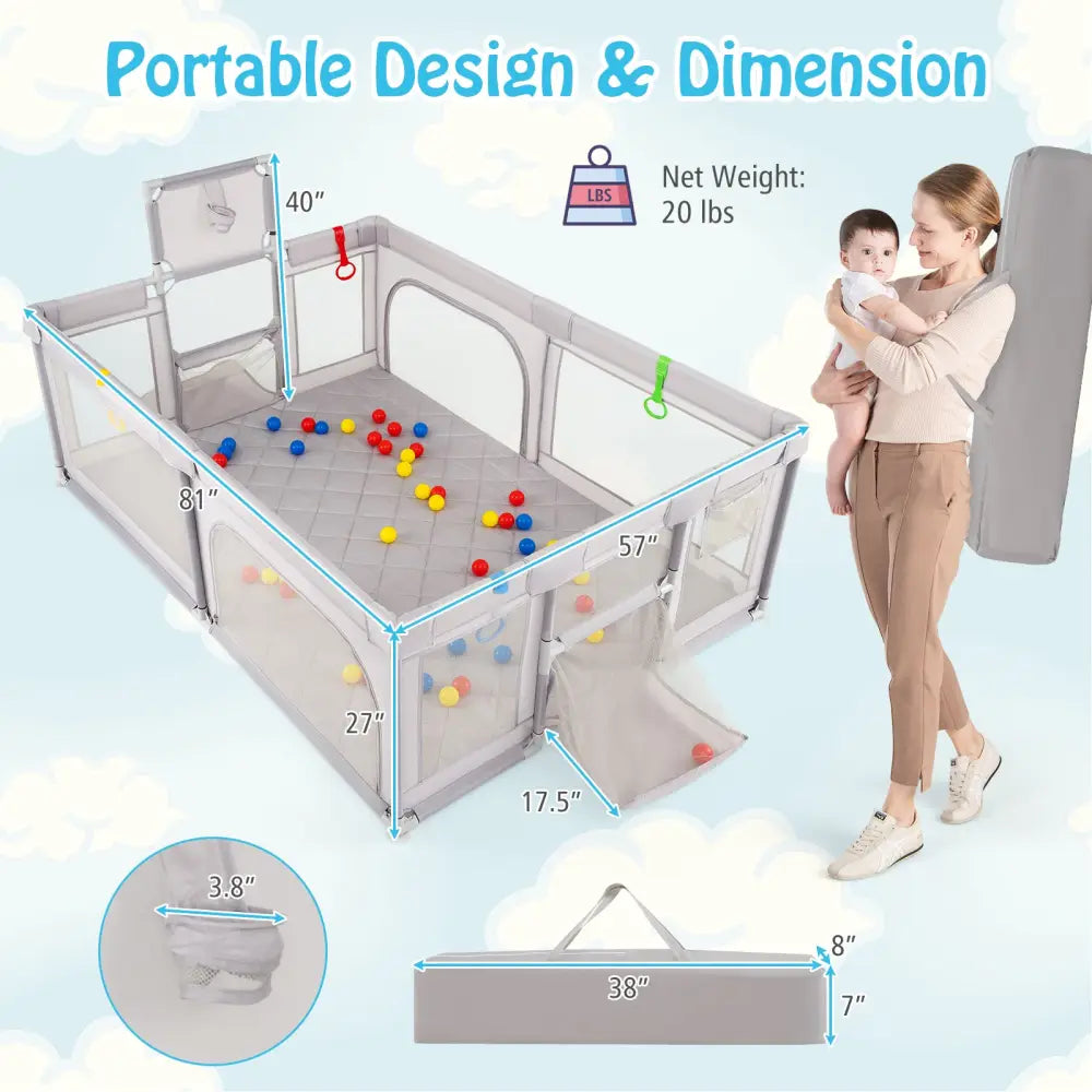Extra Large Playpen with Basketball Hoop for Babies and Toddlers-Light Gray - Light Gray - Baby Playpen & Playards