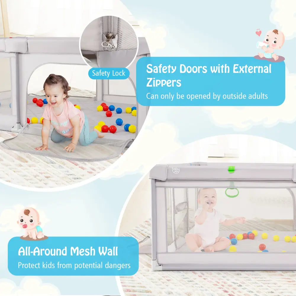Extra Large Playpen with Basketball Hoop for Babies and Toddlers-Light Gray - Light Gray - Baby Playpen & Playards