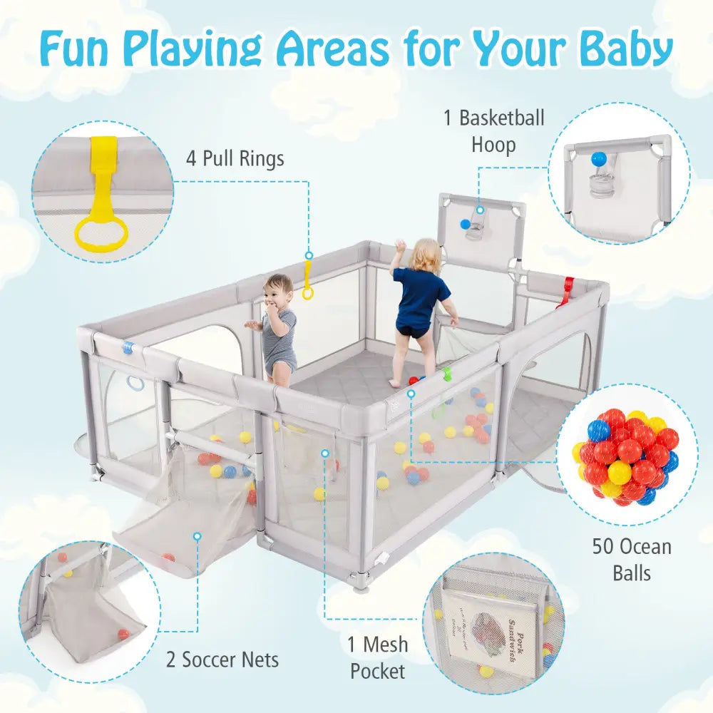 Extra Large Playpen with Basketball Hoop for Babies and Toddlers-Light Gray - Light Gray - Baby Playpen & Playards