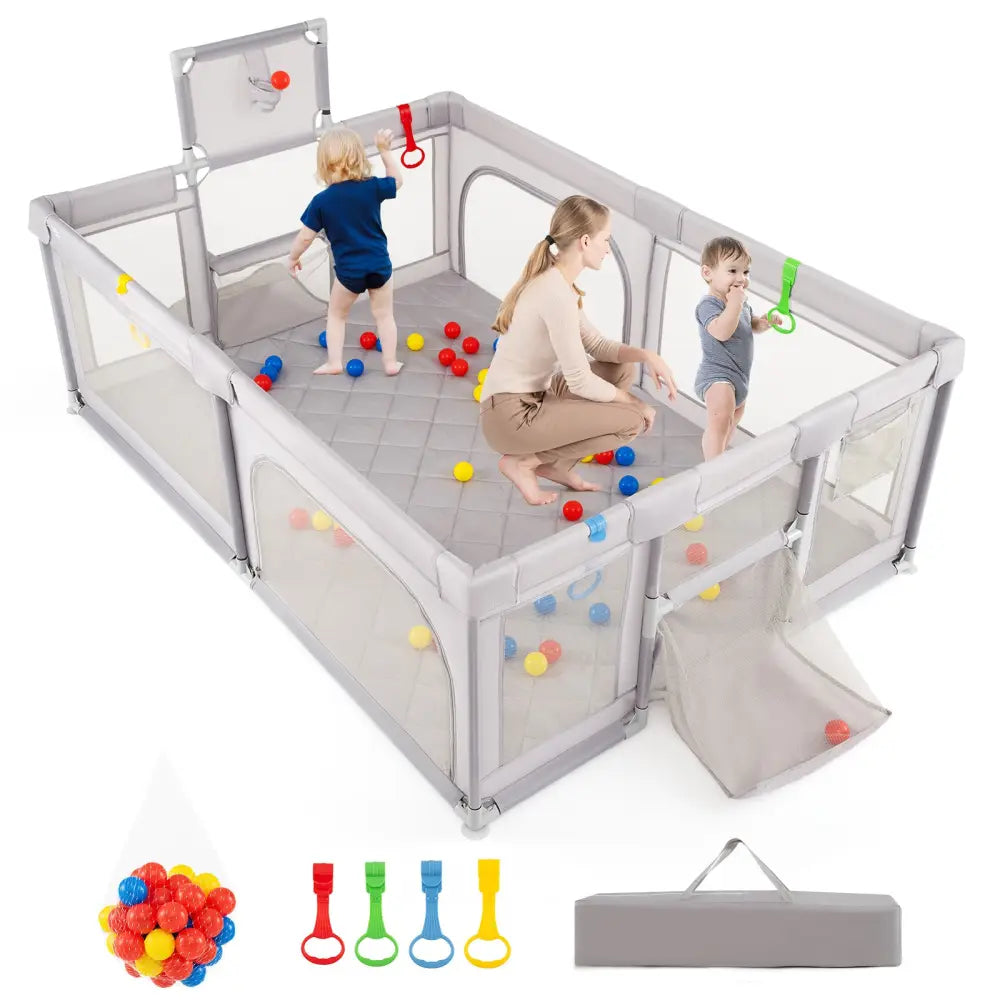 Extra Large Playpen with Basketball Hoop for Babies and Toddlers-Light Gray - Light Gray - Baby Playpen & Playards