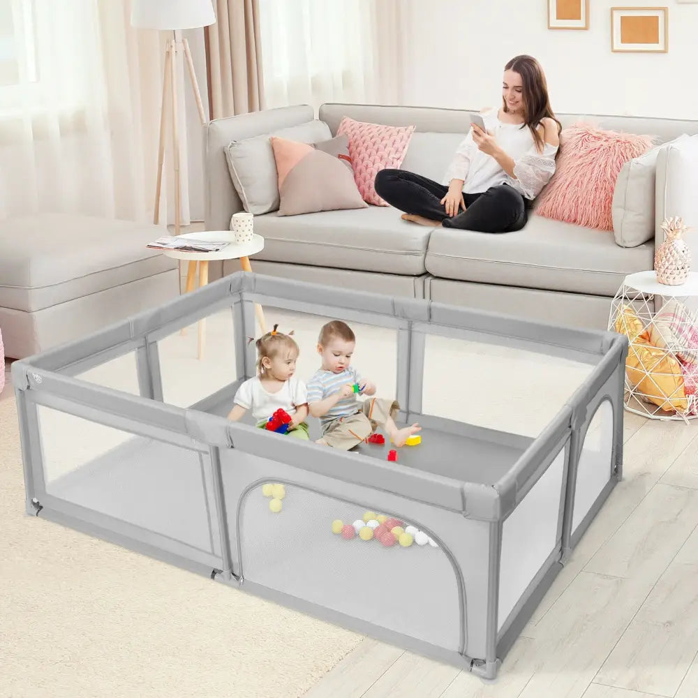 Extra-Large Safety Baby Fence with 50 Ocean Balls-Gray - Gray - Baby Playpen & Playards