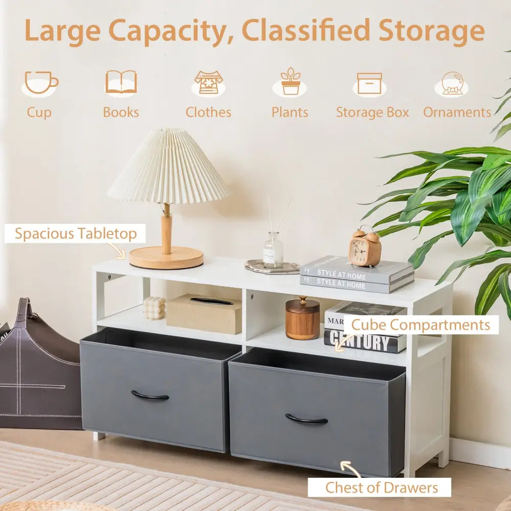 Fabric Chest of Drawers with 2 Drawers and 2 Open Shelves-White - White - Dressers & Chests