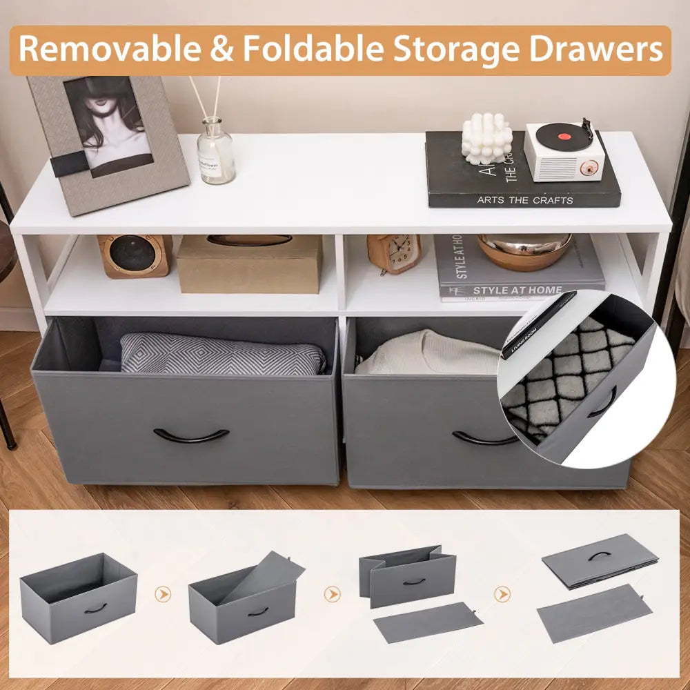 Fabric Chest of Drawers with 2 Drawers and 2 Open Shelves-White - White - Dressers & Chests